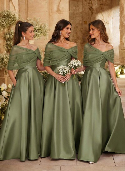 A-Line Asymmetrical Short Sleeves Sweep Train Satin Tulle Bridesmaid Dresses With Sweeping Side Drape