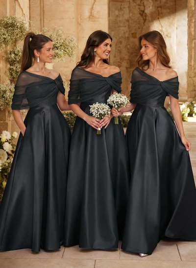 A-Line Asymmetrical Short Sleeves Sweep Train Satin Tulle Bridesmaid Dresses With Sweeping Side Drape