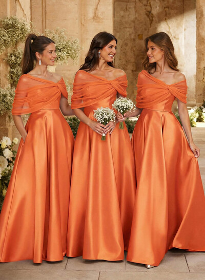 A-Line Asymmetrical Short Sleeves Sweep Train Satin Tulle Bridesmaid Dresses With Sweeping Side Drape