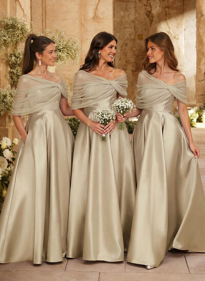 A-Line Asymmetrical Short Sleeves Sweep Train Satin Tulle Bridesmaid Dresses With Sweeping Side Drape
