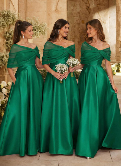 A-Line Asymmetrical Short Sleeves Sweep Train Satin Tulle Bridesmaid Dresses With Sweeping Side Drape