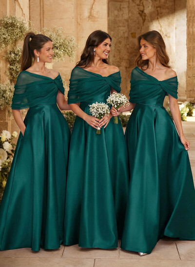 A-Line Asymmetrical Short Sleeves Sweep Train Satin Tulle Bridesmaid Dresses With Sweeping Side Drape