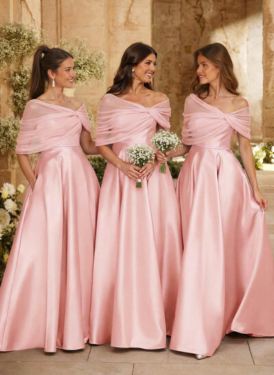 A-Line Asymmetrical Short Sleeves Sweep Train Satin Tulle Bridesmaid Dresses With Sweeping Side Drape