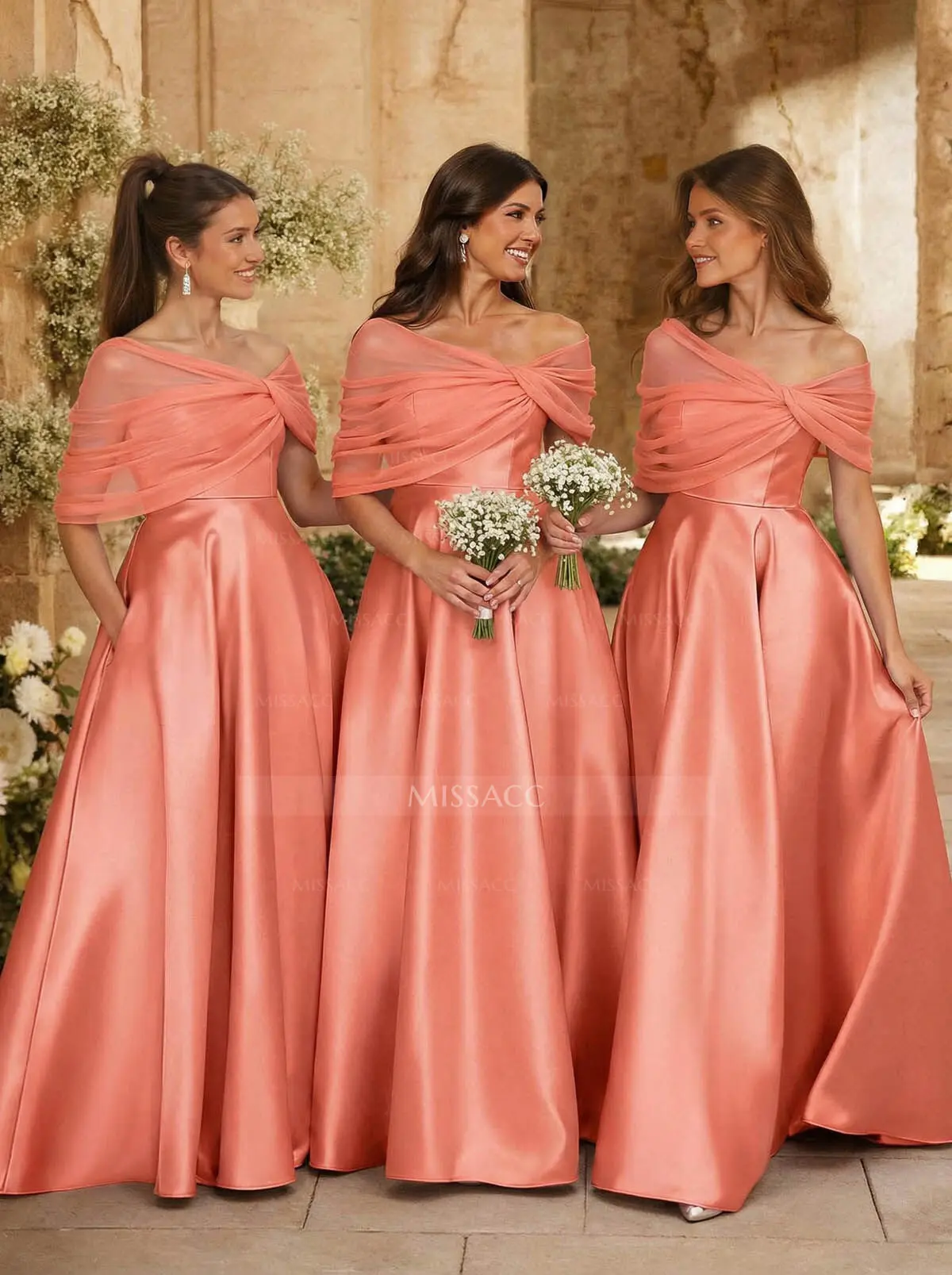 A-Line Asymmetrical Short Sleeves Sweep Train Satin Tulle Bridesmaid Dresses #SBD11657 $129