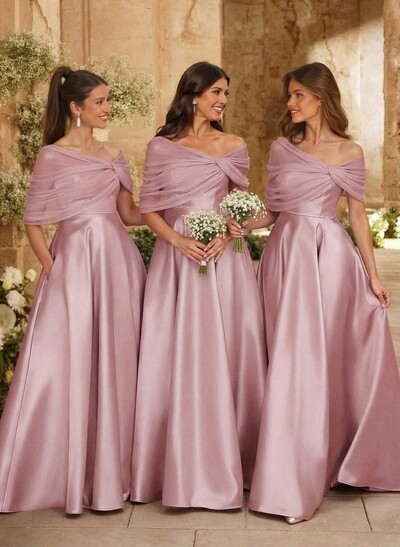 A-Line Asymmetrical Short Sleeves Sweep Train Satin Tulle Bridesmaid Dresses With Sweeping Side Drape
