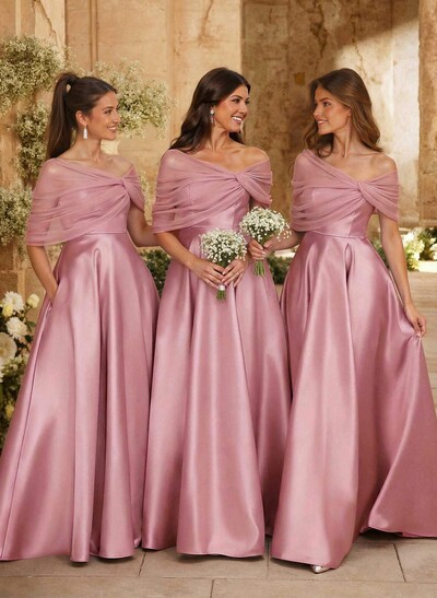 A-Line Asymmetrical Short Sleeves Sweep Train Satin Tulle Bridesmaid Dresses With Sweeping Side Drape