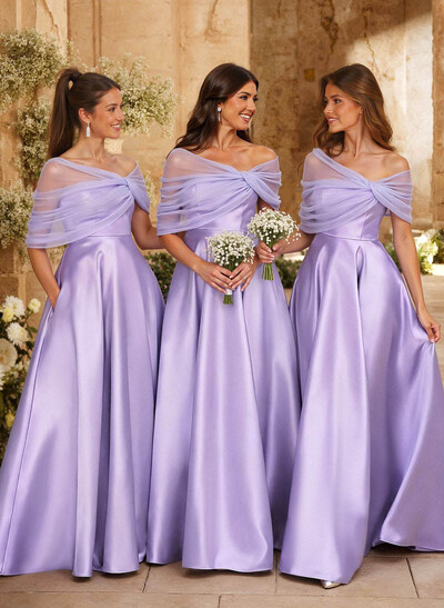 A-Line Asymmetrical Short Sleeves Sweep Train Satin Tulle Bridesmaid Dresses With Sweeping Side Drape