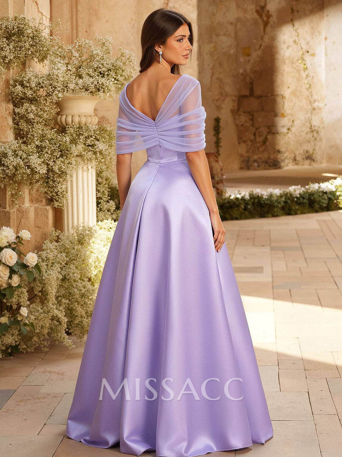 A-Line Asymmetrical Short Sleeves Sweep Train Satin Tulle Bridesmaid Dresses With Sweeping Side Drape A-Line Asymmetrical Short Sleeves Sweep Train Satin Tulle Bridesmaid Dresses With Sweeping Side Drape