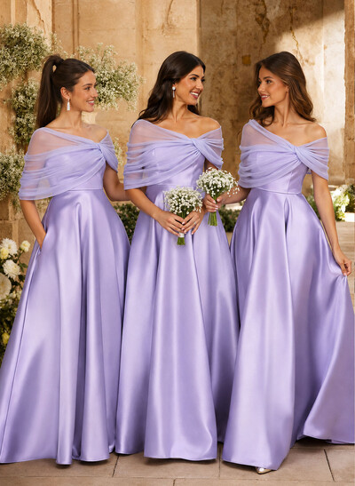 A-Line Asymmetrical Short Sleeves Sweep Train Satin Tulle Bridesmaid Dresses With Sweeping Side Drape