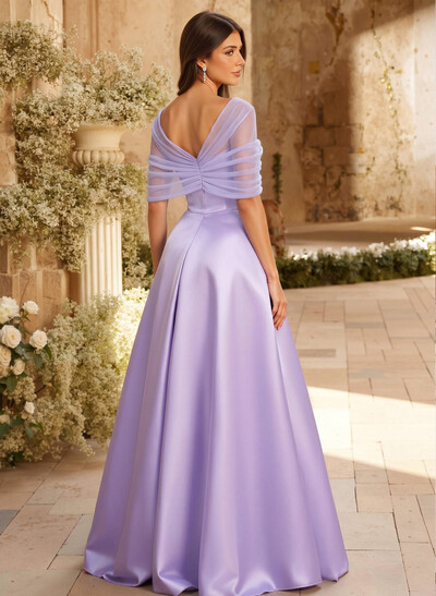 A-Line Asymmetrical Short Sleeves Sweep Train Satin Tulle Bridesmaid Dresses With Sweeping Side Drape