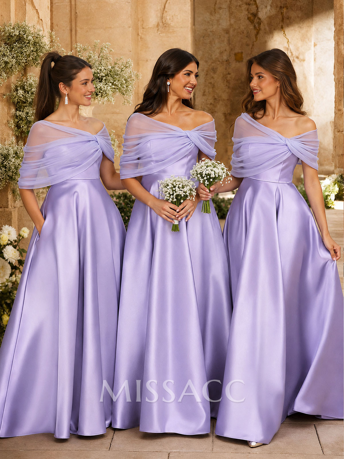 A-Line Asymmetrical Short Sleeves Sweep Train Satin Tulle Bridesmaid Dresses With Sweeping Side Drape A-Line Asymmetrical Short Sleeves Sweep Train Satin Tulle Bridesmaid Dresses With Sweeping Side Drape