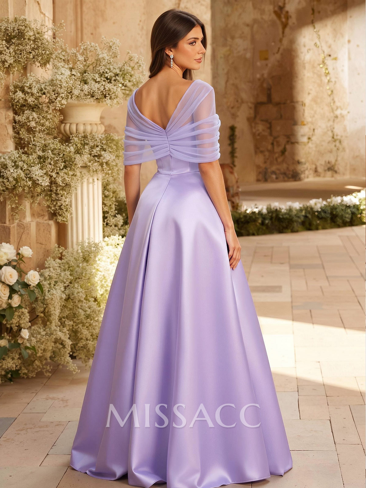 A-Line Asymmetrical Short Sleeves Sweep Train Satin Tulle Bridesmaid Dresses With Sweeping Side Drape A-Line Asymmetrical Short Sleeves Sweep Train Satin Tulle Bridesmaid Dresses With Sweeping Side Drape