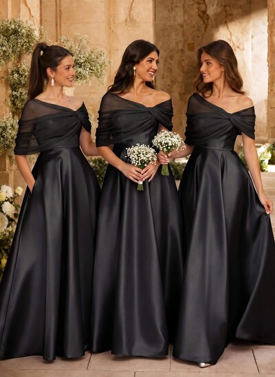 A-Line Asymmetrical Short Sleeves Sweep Train Satin Tulle Bridesmaid Dresses With Sweeping Side Drape