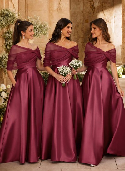 A-Line Asymmetrical Short Sleeves Sweep Train Satin Tulle Bridesmaid Dresses With Sweeping Side Drape
