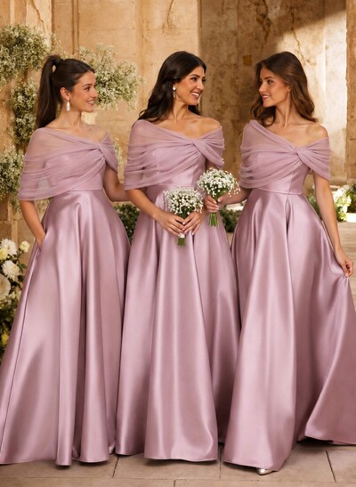 A-Line Asymmetrical Short Sleeves Sweep Train Satin Tulle Bridesmaid Dresses With Sweeping Side Drape