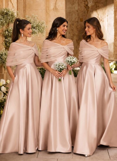 A-Line Asymmetrical Short Sleeves Sweep Train Satin Tulle Bridesmaid Dresses With Sweeping Side Drape