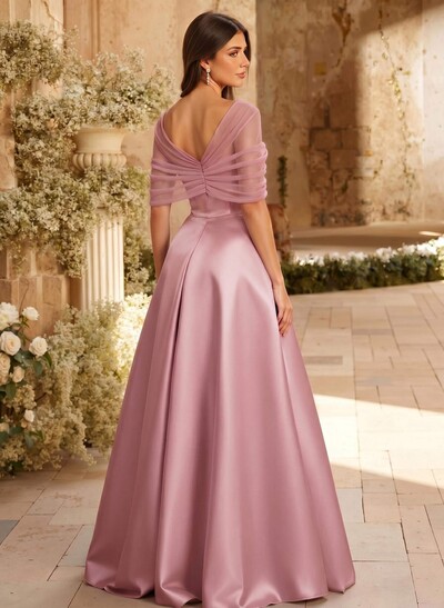 A-Line Asymmetrical Short Sleeves Sweep Train Satin Tulle Bridesmaid Dresses With Sweeping Side Drape