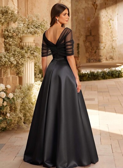A-Line Asymmetrical Short Sleeves Sweep Train Satin Tulle Bridesmaid Dresses With Sweeping Side Drape