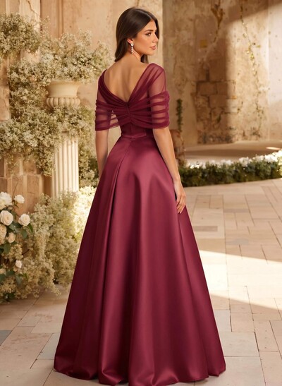 A-Line Asymmetrical Short Sleeves Sweep Train Satin Tulle Bridesmaid Dresses With Sweeping Side Drape