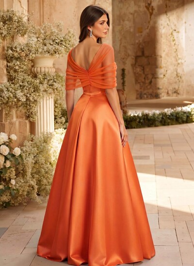A-Line Asymmetrical Short Sleeves Sweep Train Satin Tulle Bridesmaid Dresses With Sweeping Side Drape