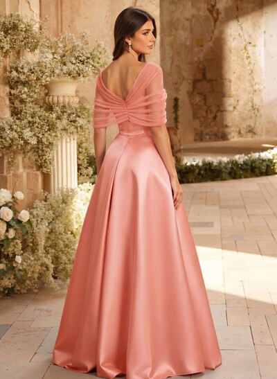 A-Line Asymmetrical Short Sleeves Sweep Train Satin Tulle Bridesmaid Dresses With Sweeping Side Drape