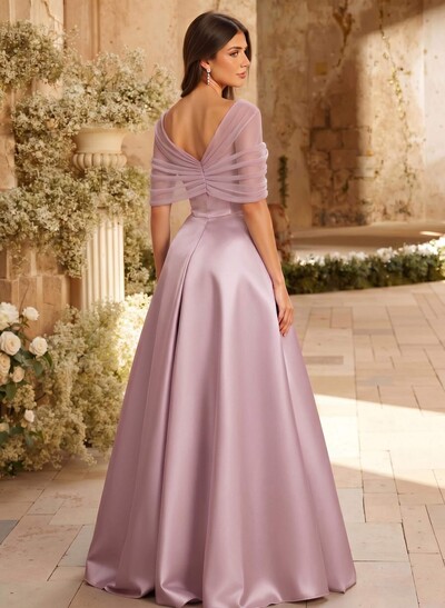 A-Line Asymmetrical Short Sleeves Sweep Train Satin Tulle Bridesmaid Dresses With Sweeping Side Drape