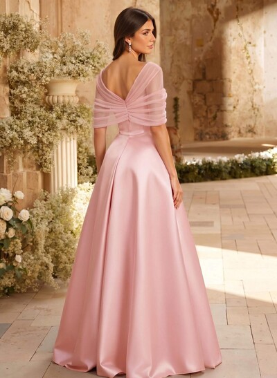 A-Line Asymmetrical Short Sleeves Sweep Train Satin Tulle Bridesmaid Dresses With Sweeping Side Drape