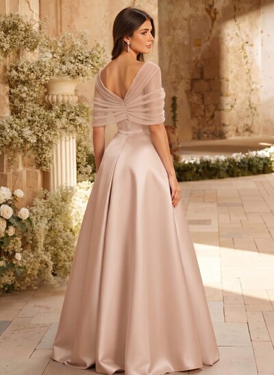 A-Line Asymmetrical Short Sleeves Sweep Train Satin Tulle Bridesmaid Dresses With Sweeping Side Drape