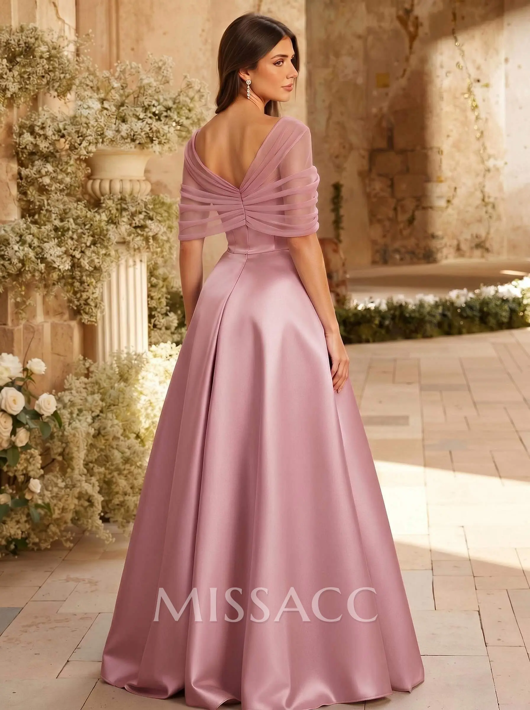 A-Line Asymmetrical Short Sleeves Sweep Train Satin Tulle