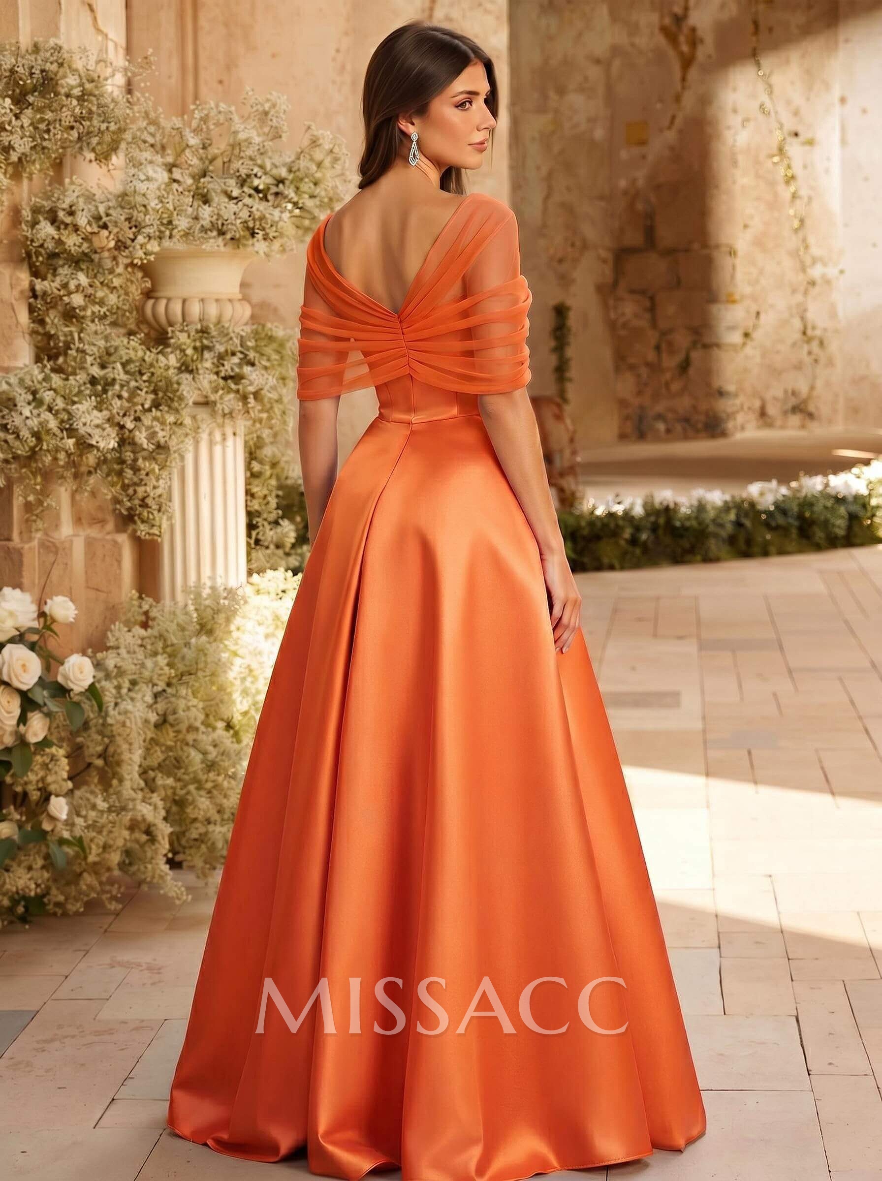 A-Line Asymmetrical Short Sleeves Sweep Train Satin Tulle Bridesmaid Dresses With Sweeping Side Drape