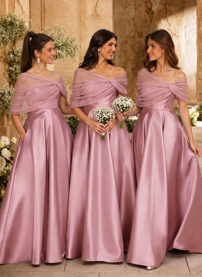 A-Line Asymmetrical Short Sleeves Sweep Train Satin Tulle Bridesmaid Dresses With Sweeping Side Drape
