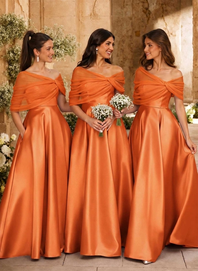 A-Line Asymmetrical Short Sleeves Sweep Train Satin Tulle Bridesmaid Dresses With Sweeping Side Drape