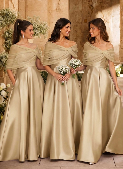 A-Line Asymmetrical Short Sleeves Sweep Train Satin Tulle Bridesmaid Dresses With Sweeping Side Drape