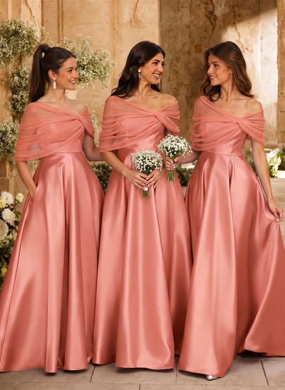 A-Line Asymmetrical Short Sleeves Sweep Train Satin Tulle Bridesmaid Dresses With Sweeping Side Drape