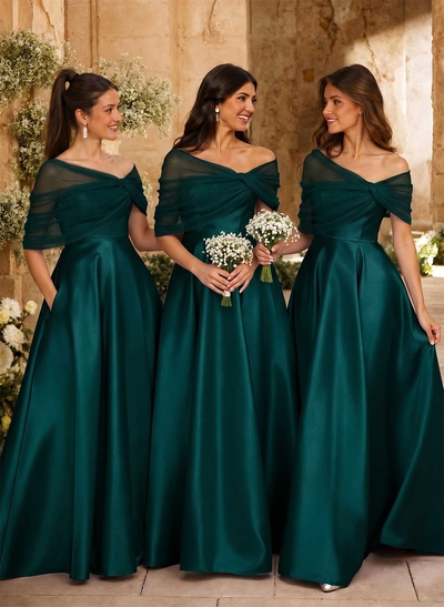 A-Line Asymmetrical Short Sleeves Sweep Train Satin Tulle Bridesmaid Dresses With Sweeping Side Drape
