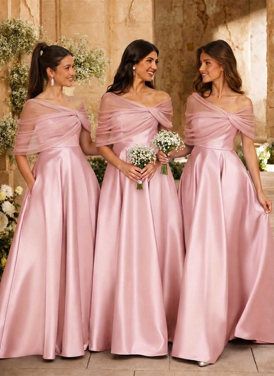 A-Line Asymmetrical Short Sleeves Sweep Train Satin Tulle Bridesmaid Dresses With Sweeping Side Drape