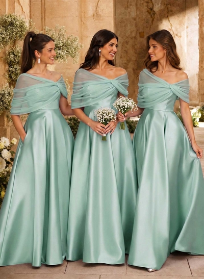A-Line Asymmetrical Short Sleeves Sweep Train Satin Tulle Bridesmaid Dresses With Sweeping Side Drape