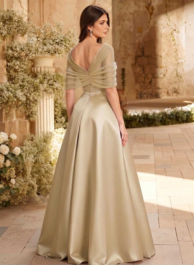 A-Line Asymmetrical Short Sleeves Sweep Train Satin Tulle Bridesmaid Dresses With Sweeping Side Drape