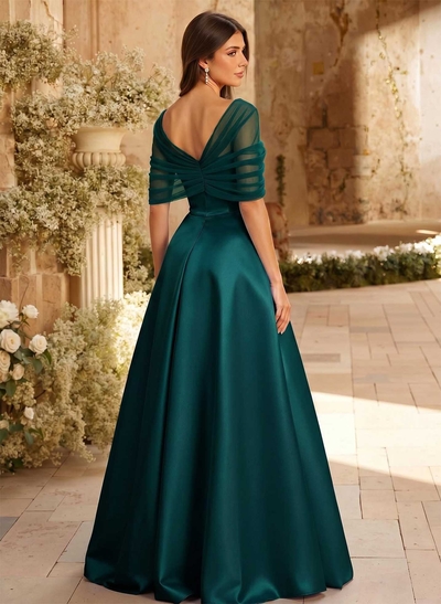 A-Line Asymmetrical Short Sleeves Sweep Train Satin Tulle Bridesmaid Dresses With Sweeping Side Drape
