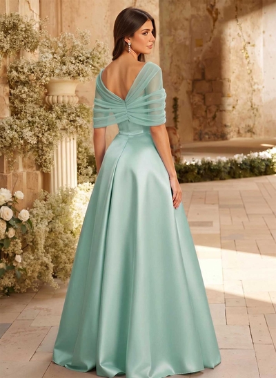 A-Line Asymmetrical Short Sleeves Sweep Train Satin Tulle Bridesmaid Dresses With Sweeping Side Drape