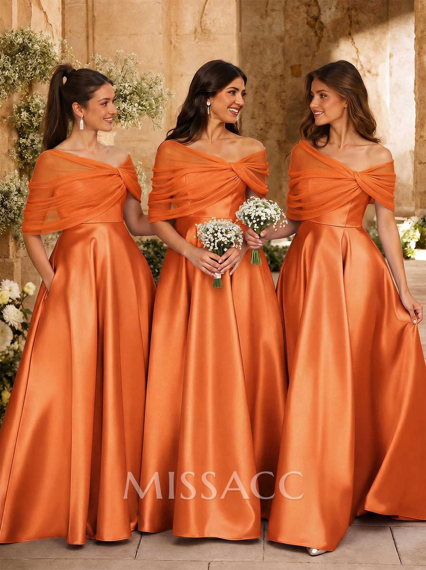 A-Line Asymmetrical Short Sleeves Sweep Train Satin Tulle Bridesmaid Dresses With Sweeping Side Drape