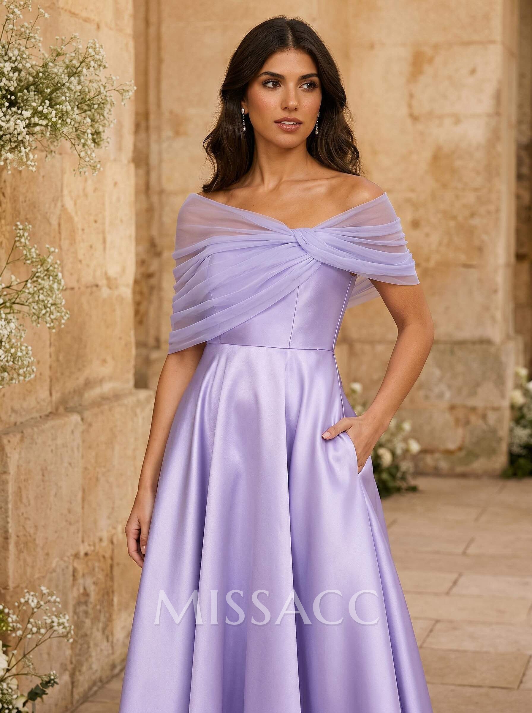 A-Line Asymmetrical Short Sleeves Sweep Train Satin Tulle Bridesmaid Dresses With Sweeping Side Drape