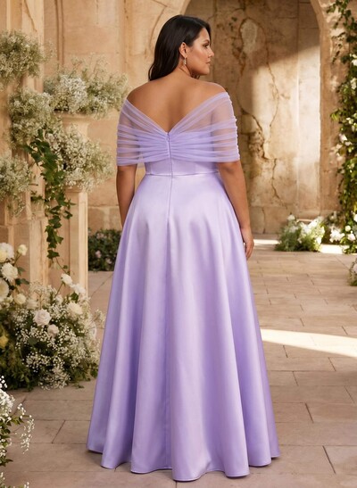 A-Line Asymmetrical Short Sleeves Sweep Train Satin Tulle Bridesmaid Dresses With Sweeping Side Drape