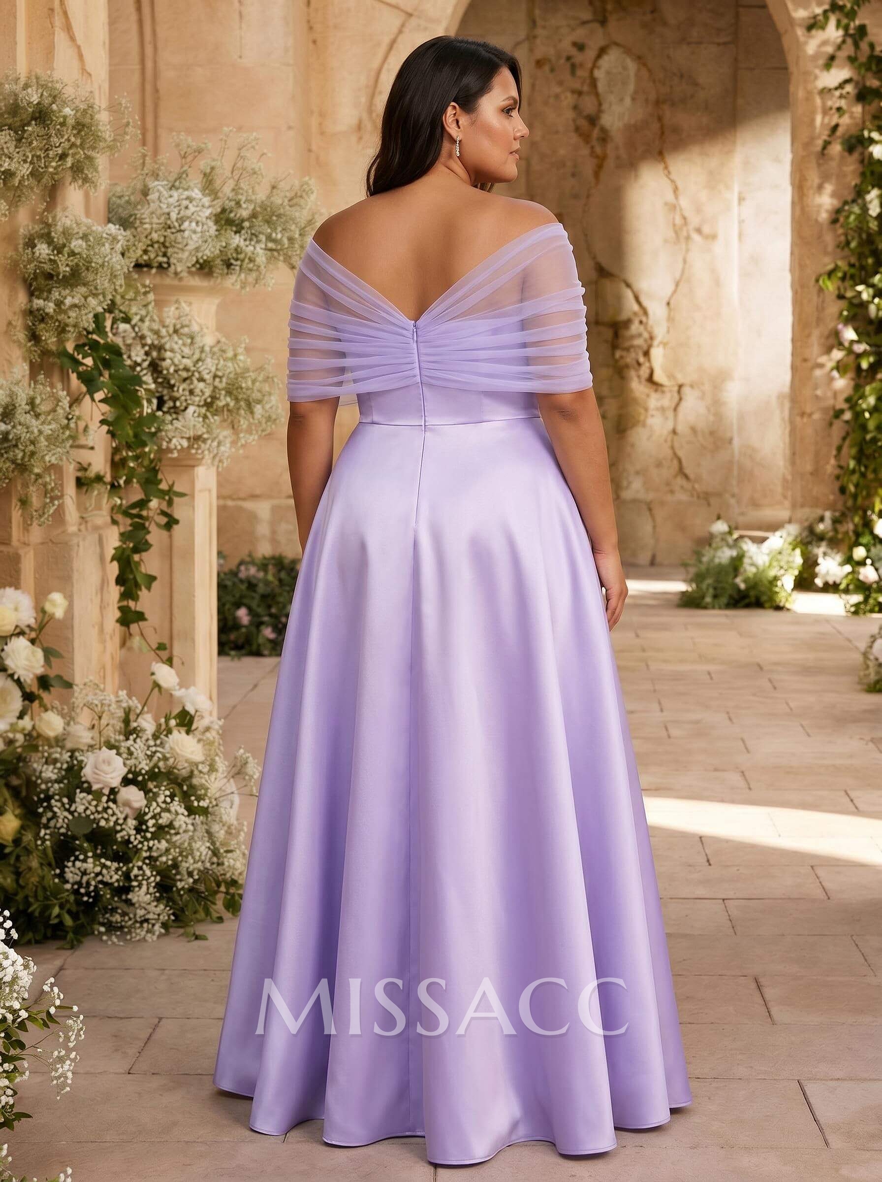 A-Line Asymmetrical Short Sleeves Sweep Train Satin Tulle Bridesmaid Dresses With Sweeping Side Drape