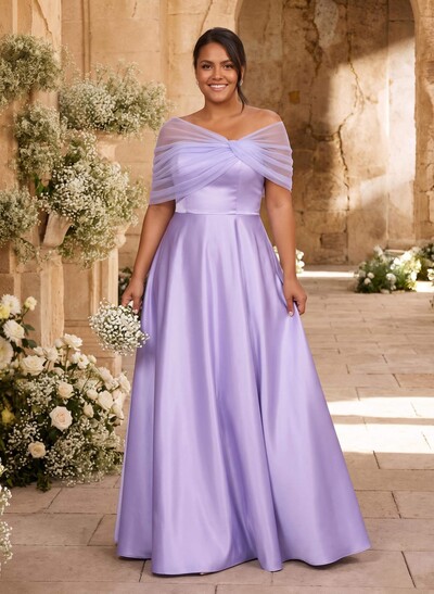 A-Line Asymmetrical Short Sleeves Sweep Train Satin Tulle Bridesmaid Dresses With Sweeping Side Drape