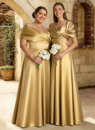 A-Line Off-The-Shoulder Sleeveless Floor-Length Satin Bridesmaid Dresses