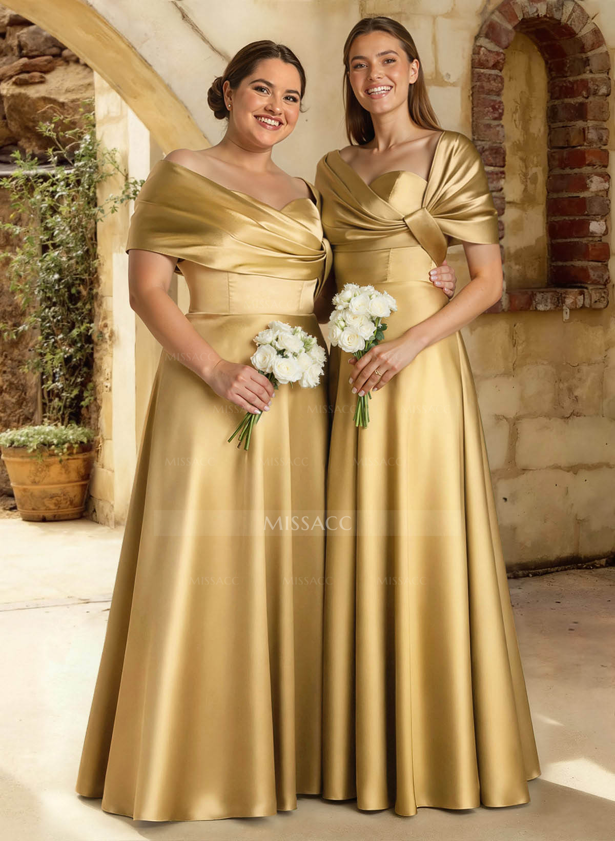 A-Line Off-The-Shoulder Sleeveless Floor-Length Satin Bridesmaid Dresses