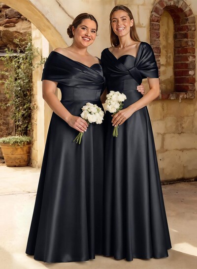 A-Line Off-The-Shoulder Sleeveless Floor-Length Satin Bridesmaid Dresses