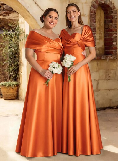 A-Line Off-The-Shoulder Sleeveless Floor-Length Satin Bridesmaid Dresses