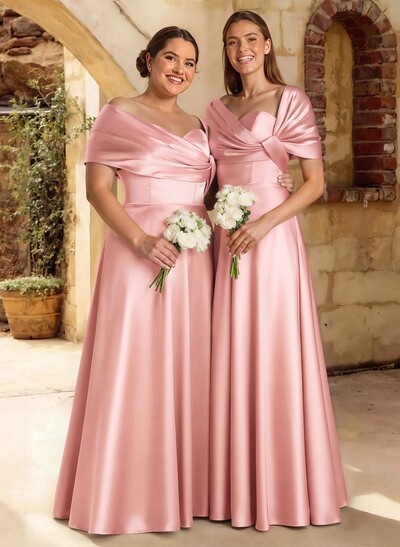 A-Line Off-The-Shoulder Sleeveless Floor-Length Satin Bridesmaid Dresses